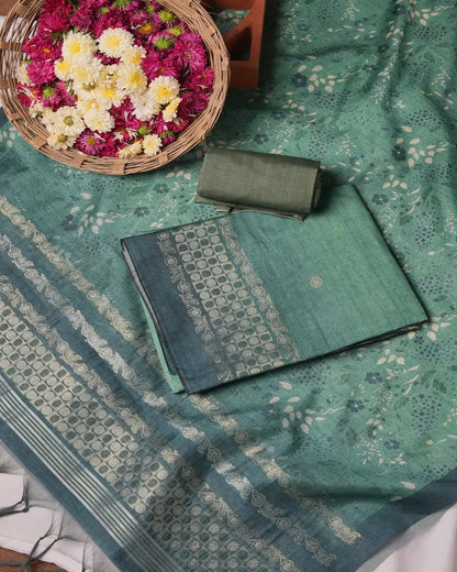 Sea Green Floral Semi Tussar Silk Unstitched Suit with Printed Dupatta