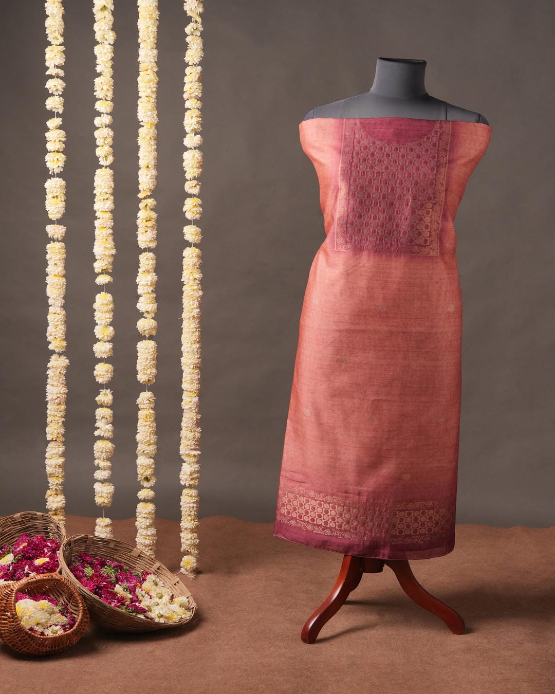 Burgundy & Peach Floral Motif Semi Tussar Silk Unstitched Suit Set