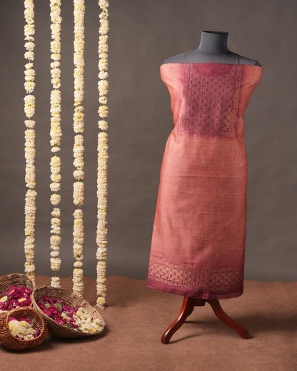 Burgundy & Peach Floral Motif Semi Tussar Silk Unstitched Suit Set