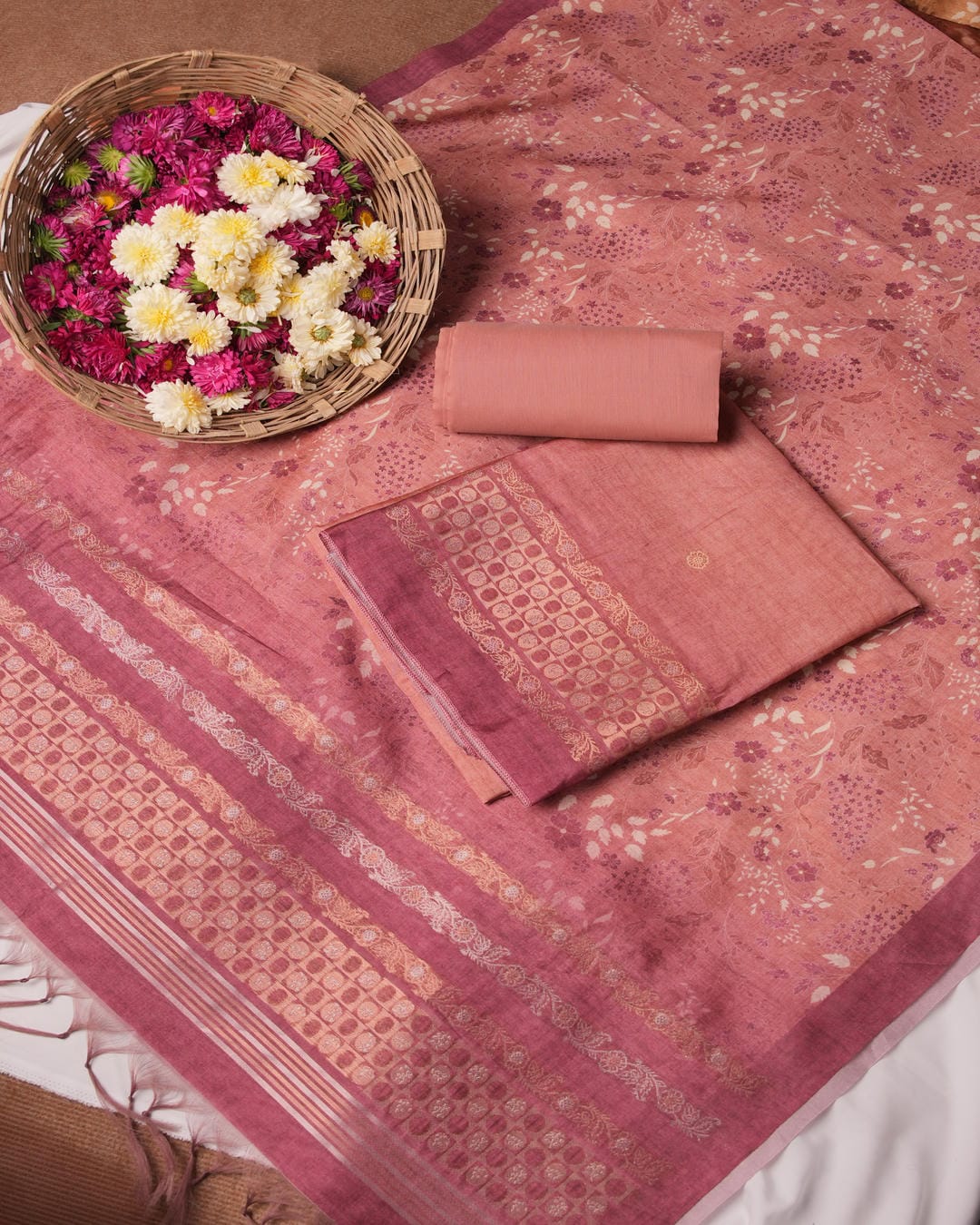 Burgundy & Peach Floral Motif Semi Tussar Silk Unstitched Suit Set