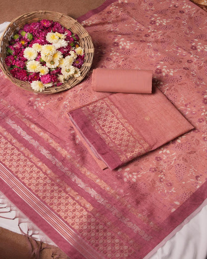 Burgundy & Peach Floral Motif Semi Tussar Silk Unstitched Suit Set