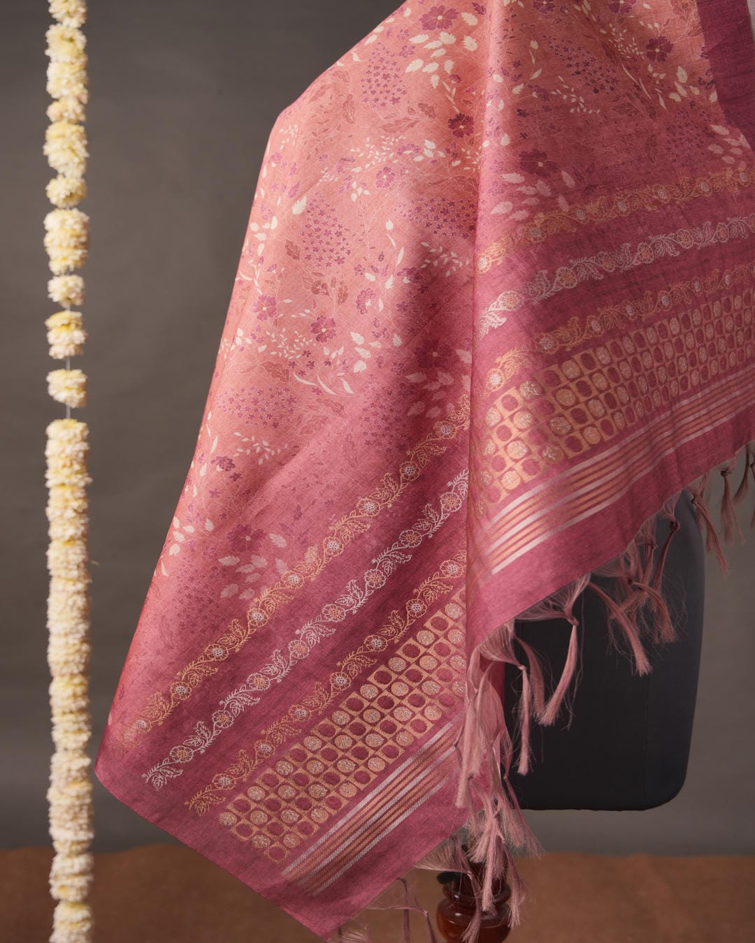 Burgundy & Peach Floral Motif Semi Tussar Silk Unstitched Suit Set