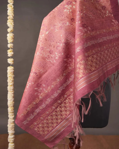 Rani Pink Floral Semi Tussar Silk Unstitched Suit with Zari Border