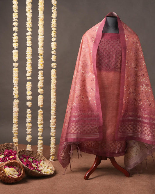 Burgundy & Peach Floral Motif Semi Tussar Silk Unstitched Suit Set