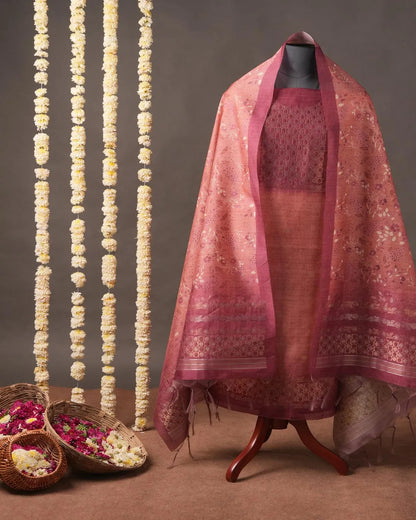 Beige Floral Semi Tussar Silk Unstitched Suit Material with Printed Dupatta