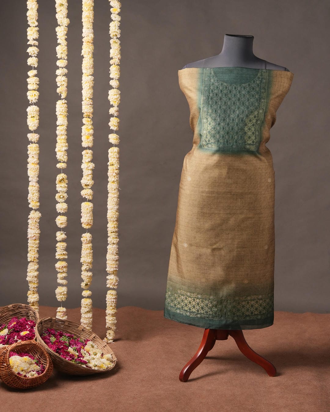 Beige Floral Semi Tussar Silk Unstitched Suit Material with Printed Dupatta