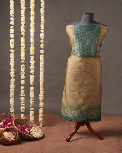 Forest Green & Tan Floral Semi Tussar Silk Unstitched Suit Set