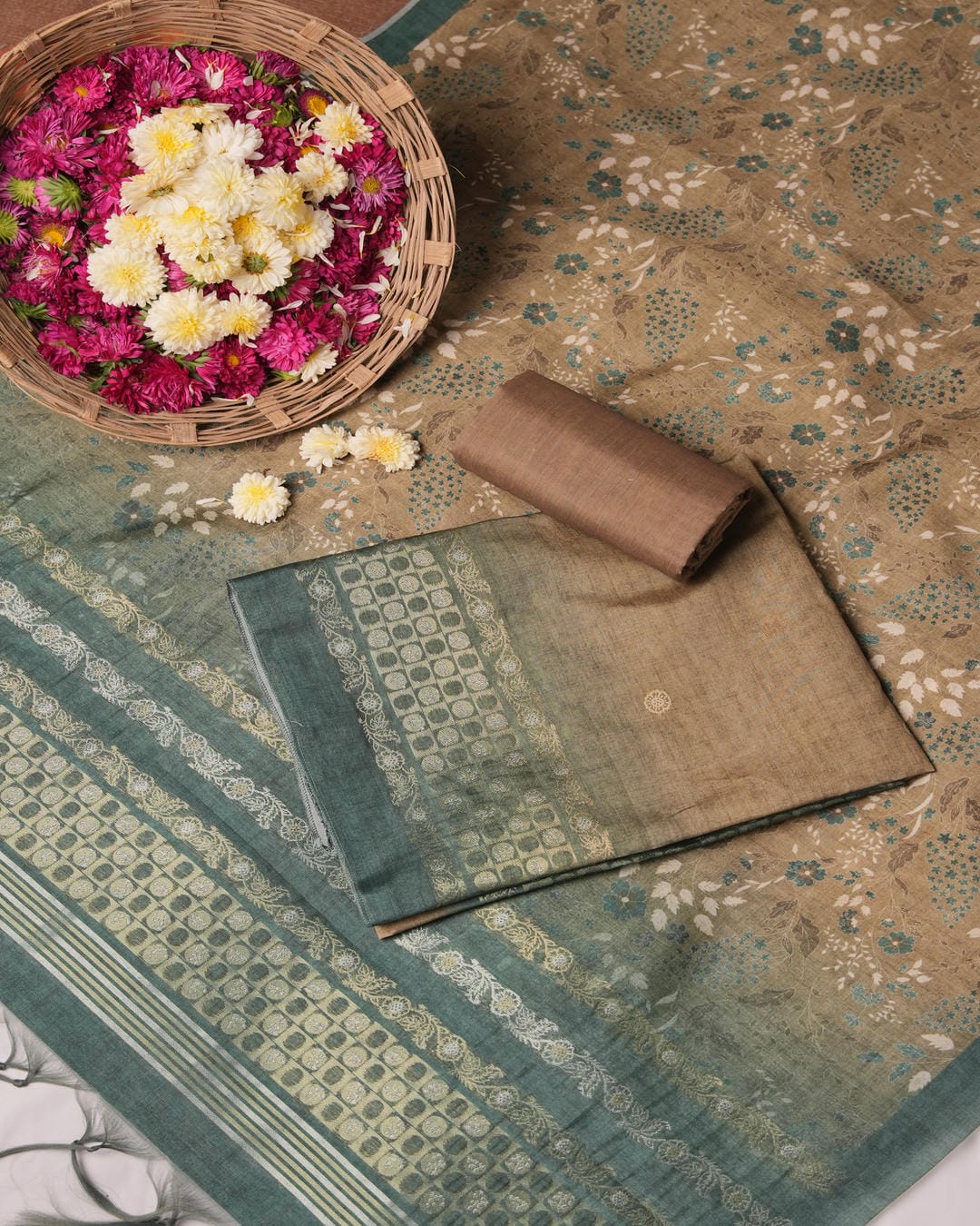 Beige Floral Semi Tussar Silk Unstitched Suit Material with Printed Dupatta