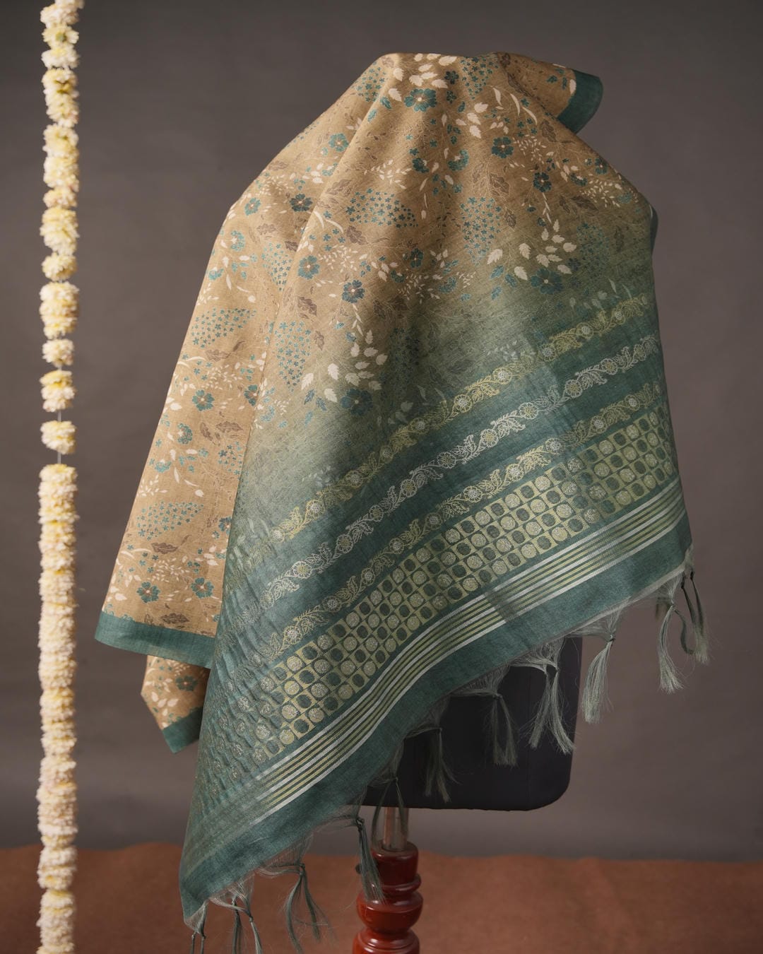 Beige Floral Semi Tussar Silk Unstitched Suit Material with Printed Dupatta