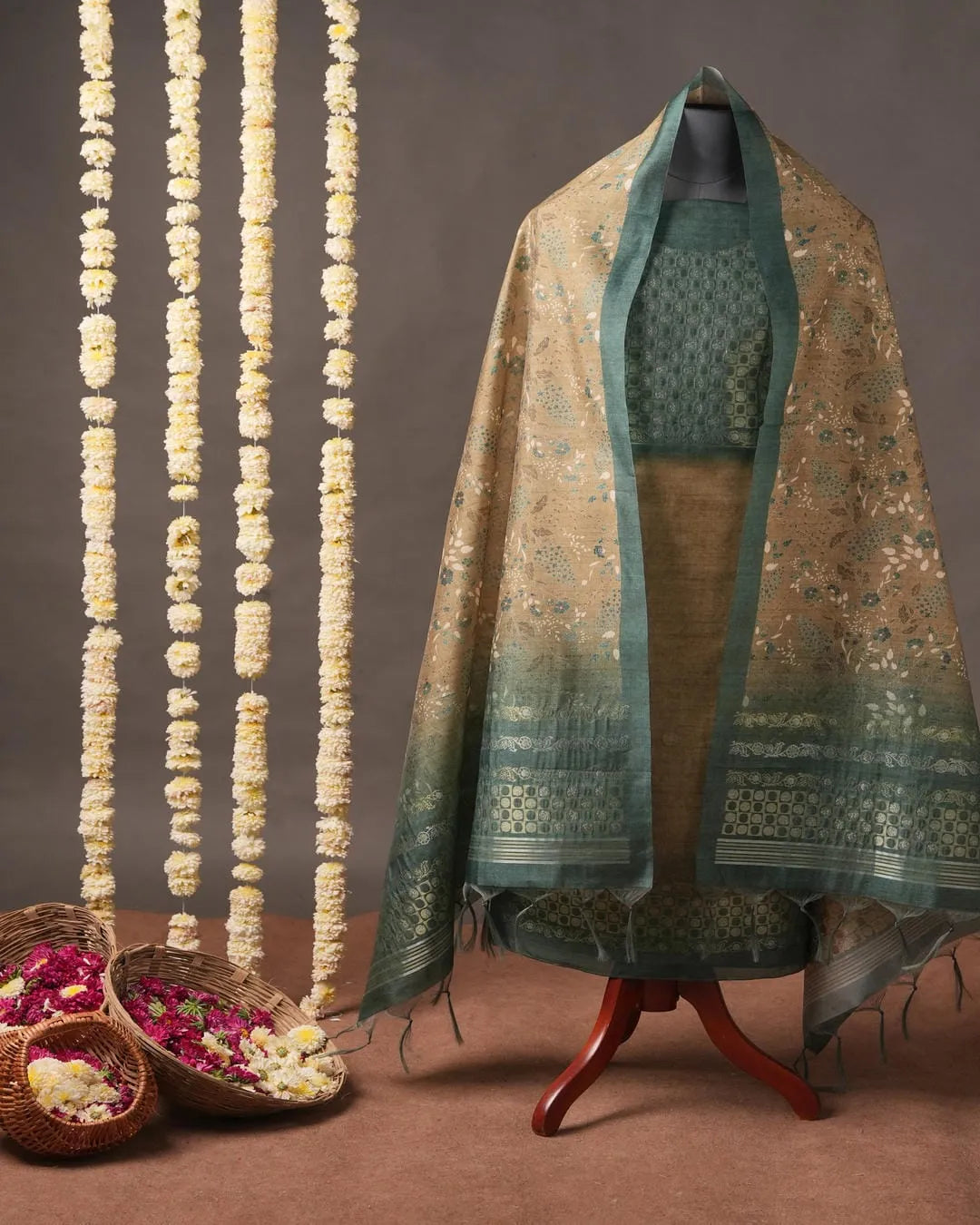 Burnt Orange Floral Semi Tussar Silk Unstitched Suit with Zari Borders