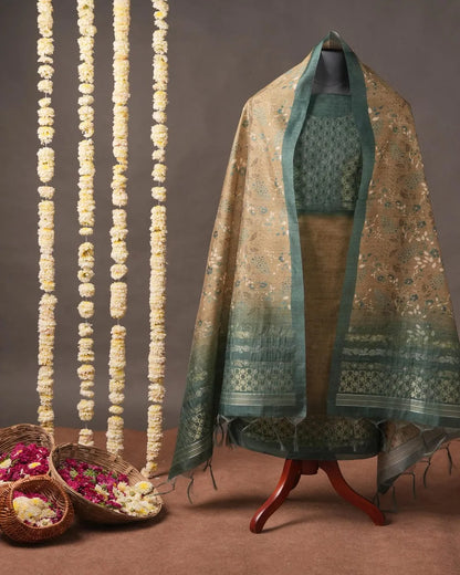 Burnt Orange Floral Semi Tussar Silk Unstitched Suit with Zari Borders