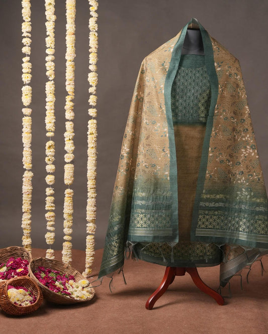 Beige Floral Semi Tussar Silk Unstitched Suit Material with Printed Dupatta