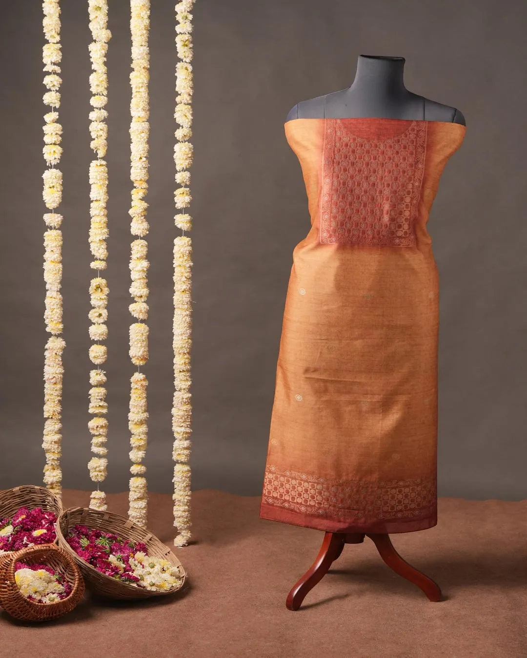 Burnt Orange Floral Semi Tussar Silk Unstitched Suit with Zari Borders