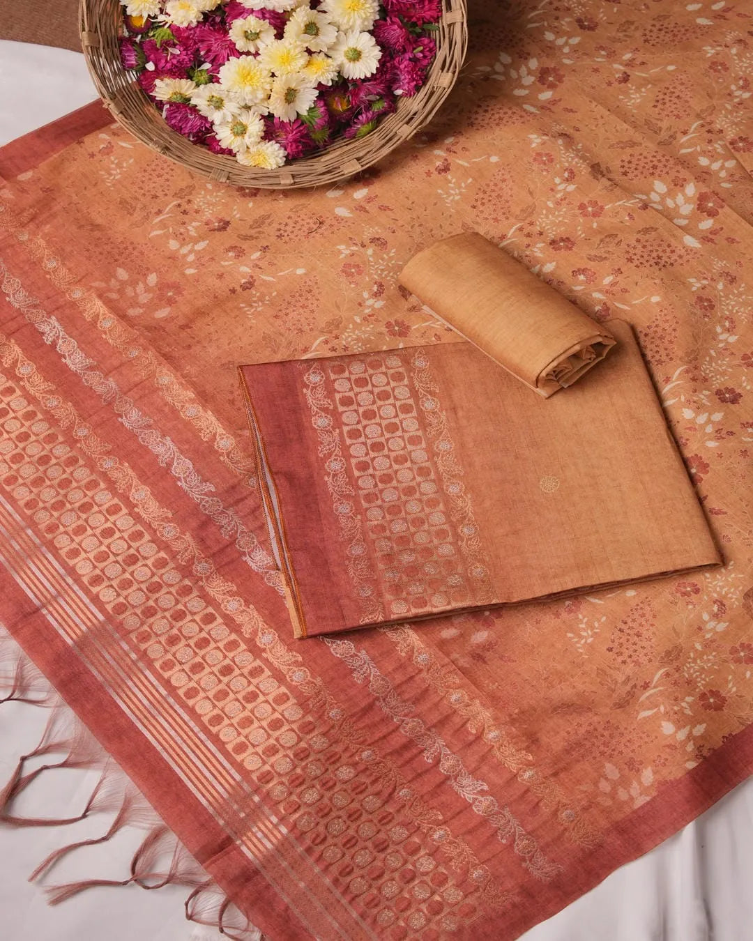 Burnt Orange Floral Semi Tussar Silk Unstitched Suit with Zari Borders