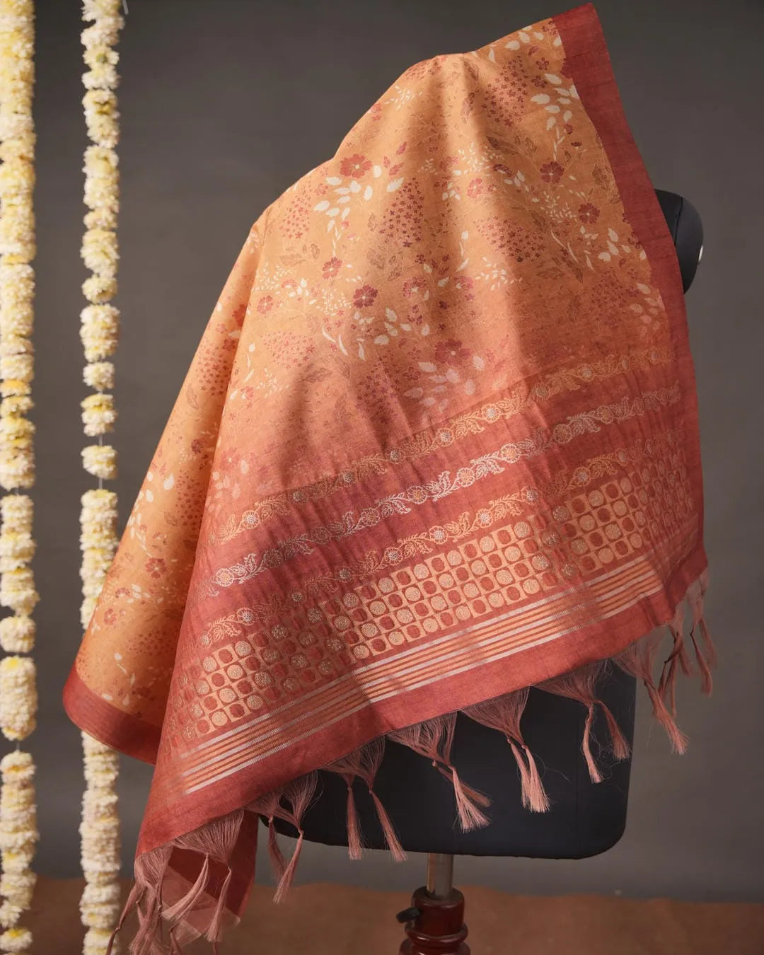 Burnt Orange Floral Semi Tussar Silk Unstitched Suit with Zari Borders