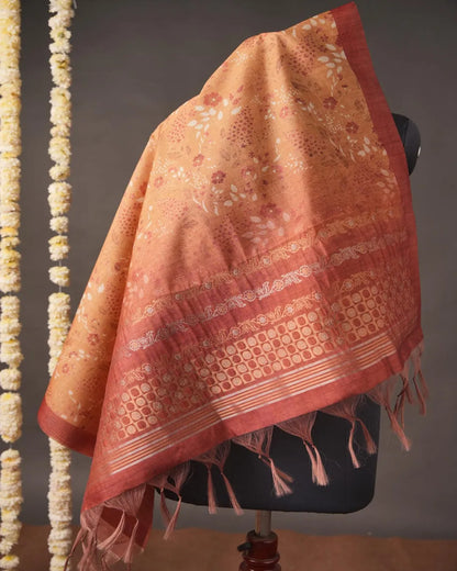 Burnt Orange Floral Semi Tussar Silk Unstitched Suit with Zari Borders
