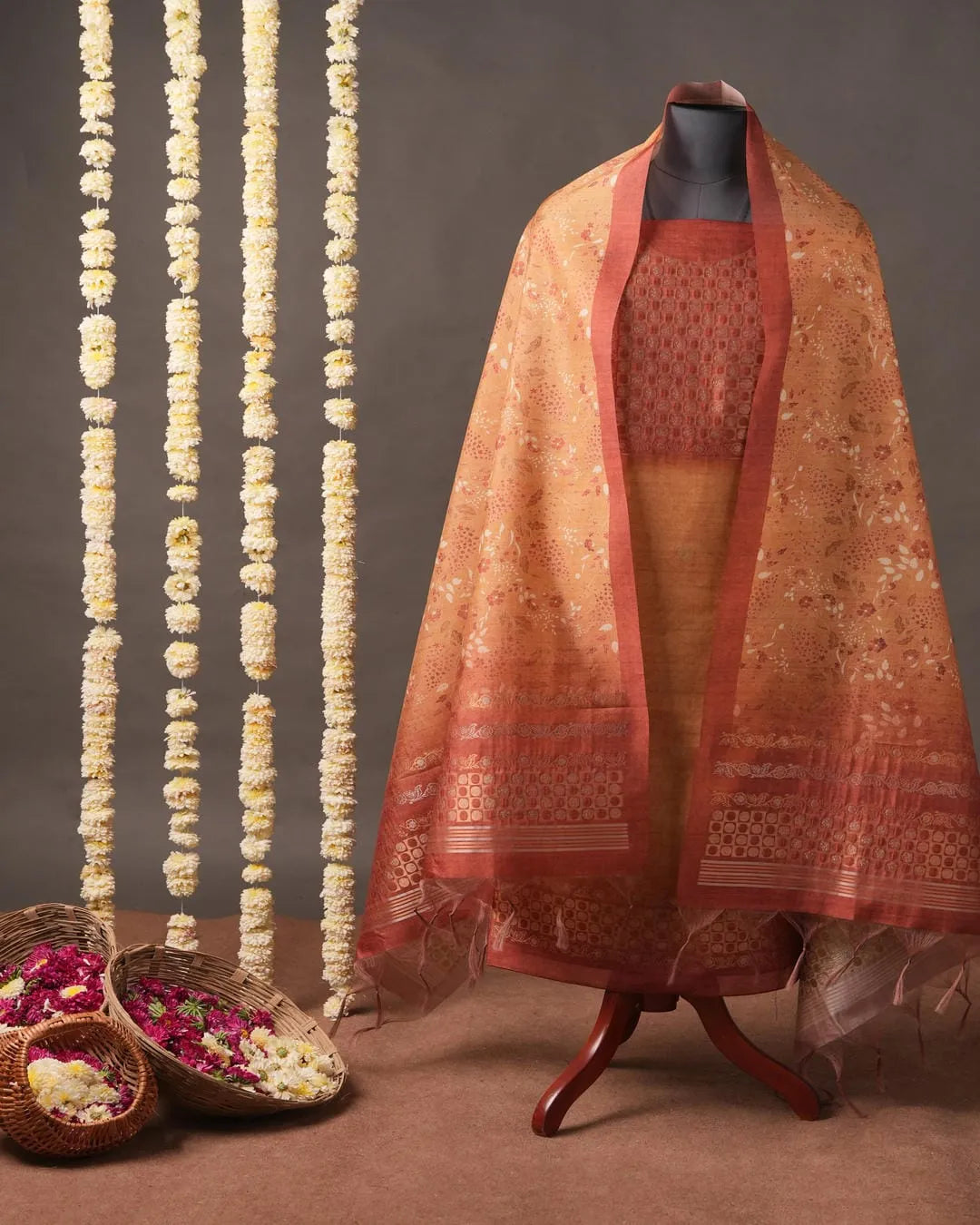 Beige Floral Semi Tussar Silk Unstitched Suit Material with Printed Dupatta