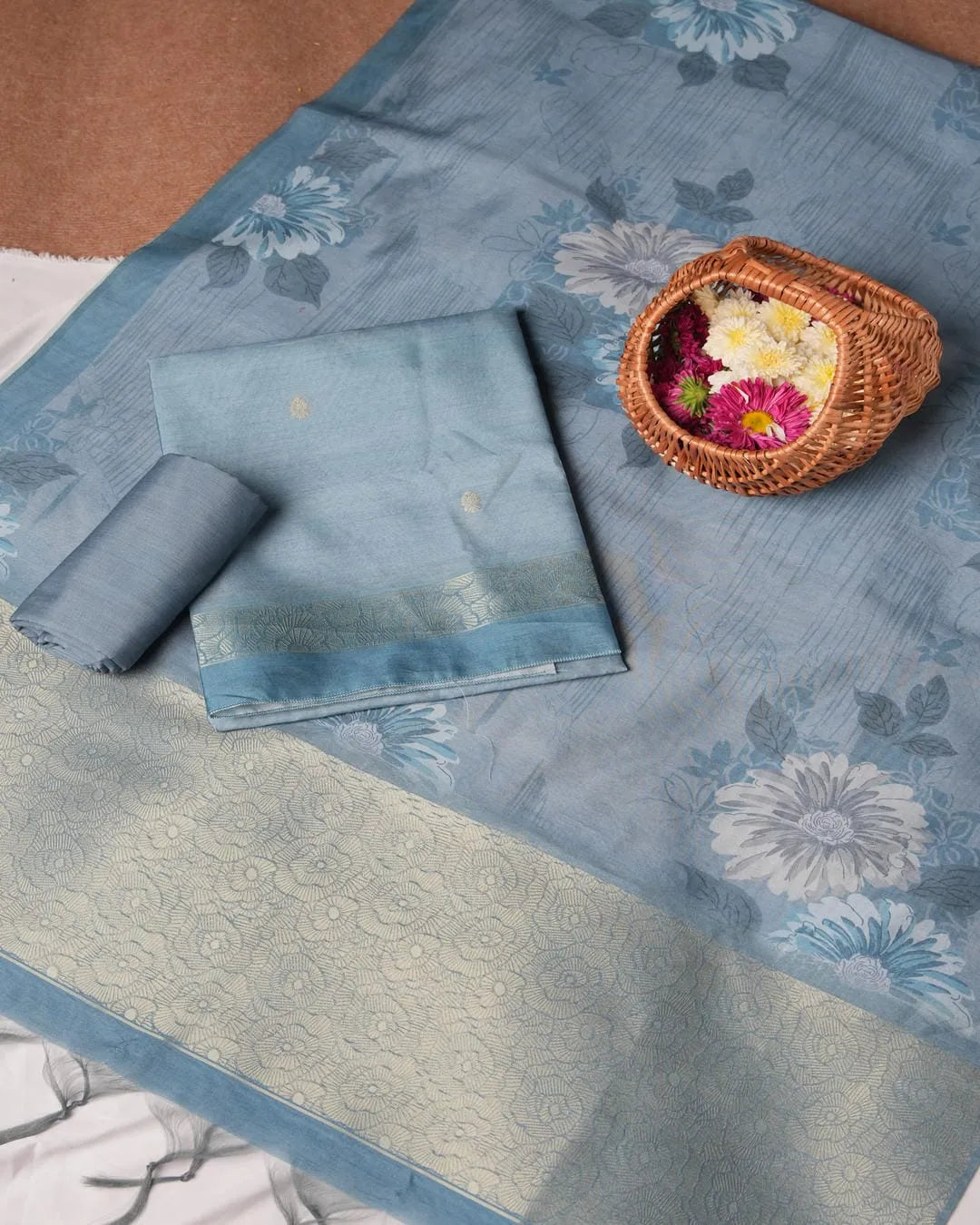 Blue Floral Semi Tussar Silk Unstitched Suit Material with Printed Dupatta