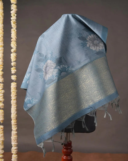 Blue Floral Semi Tussar Silk Unstitched Suit Material with Printed Dupatta
