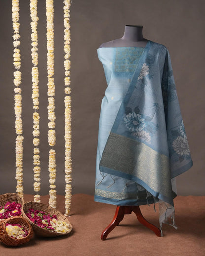 Steel Grey Floral Motif Semi Tussar Silk Unstitched Suit Set