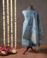 Blue Floral Semi Tussar Silk Unstitched Suit Material with Printed Dupatta