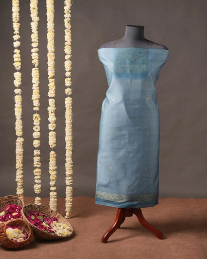 Blue Floral Semi Tussar Silk Unstitched Suit Material with Printed Dupatta