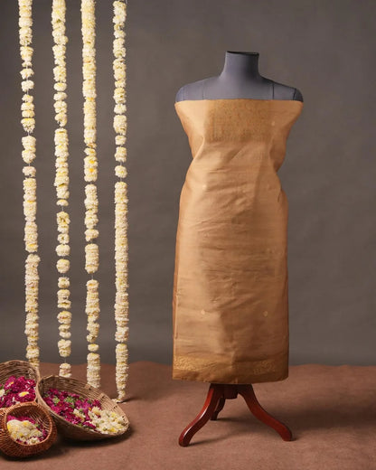 Gold Floral Semi Tussar Silk Unstitched Suit Material with Printed Dupatta