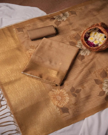 Gold Floral Semi Tussar Silk Unstitched Suit Material with Printed Dupatta