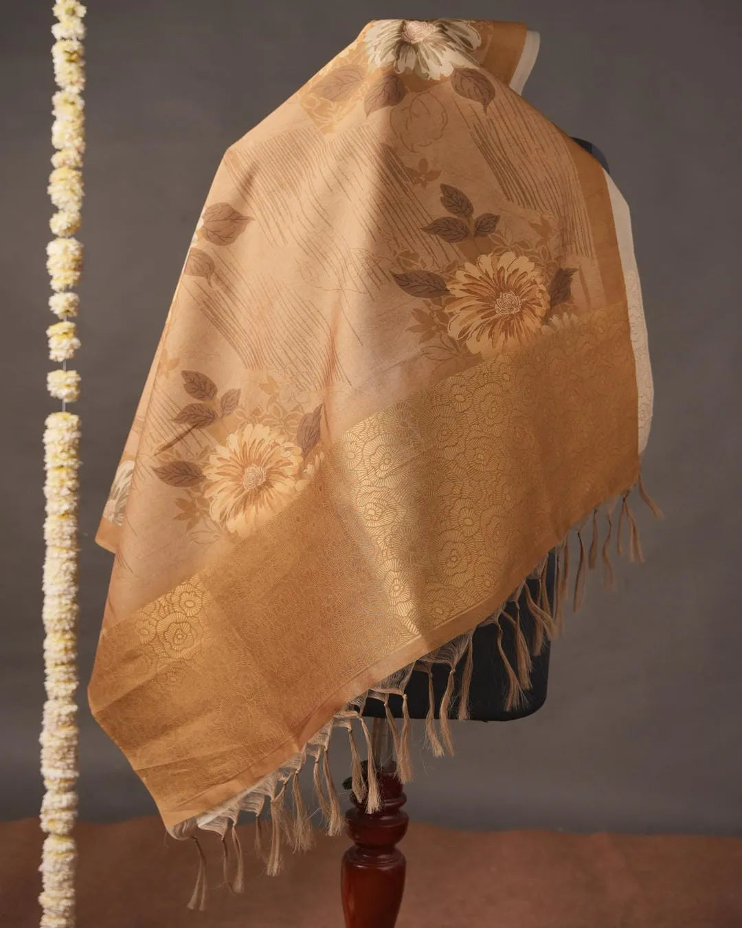 Gold Floral Semi Tussar Silk Unstitched Suit Material with Printed Dupatta