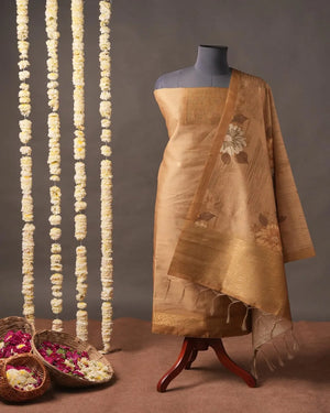 Gold Floral Semi Tussar Silk Unstitched Suit Material with Printed Dupatta