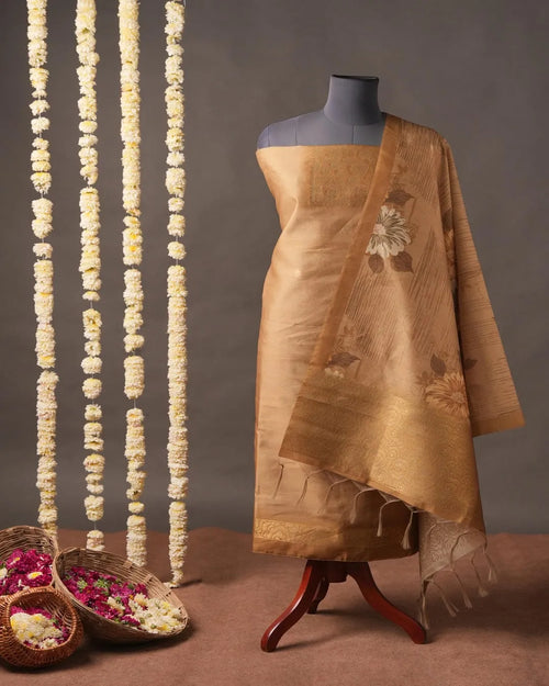 Gold Floral Semi Tussar Silk Unstitched Suit Material with Printed Dupatta