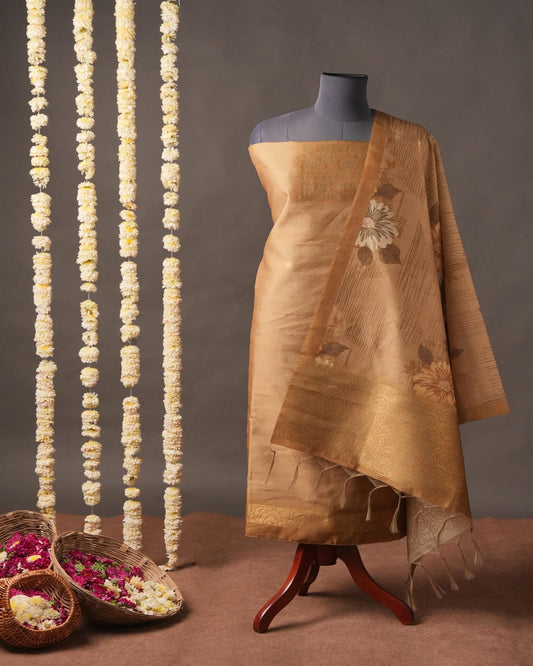Copper Brown Floral Motif Semi Tussar Silk Unstitched Suit Set