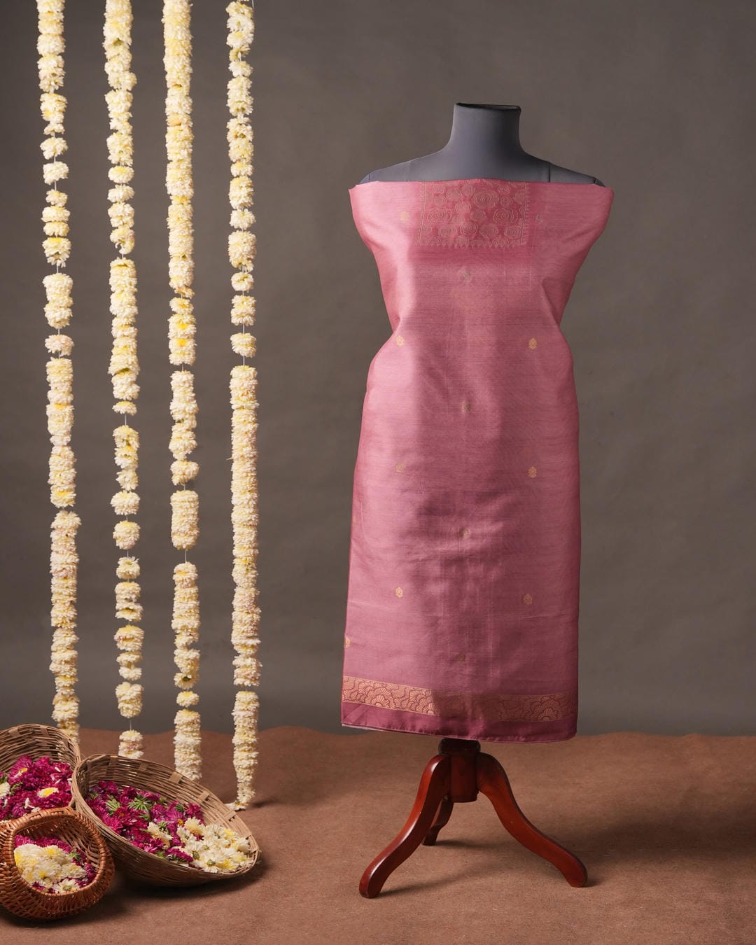 Mauve Pink Floral Motif Semi Tussar Silk Unstitched Suit Set