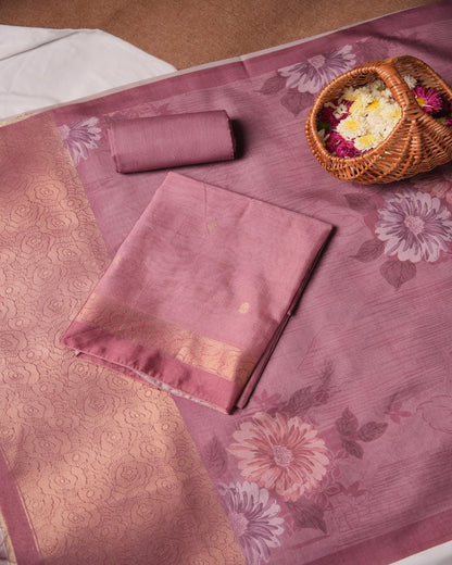 Mauve Pink Floral Motif Semi Tussar Silk Unstitched Suit Set