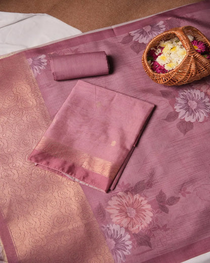 Dustrose Floral Semi Tussar Silk Unstitched Suit Material with Printed Dupatta