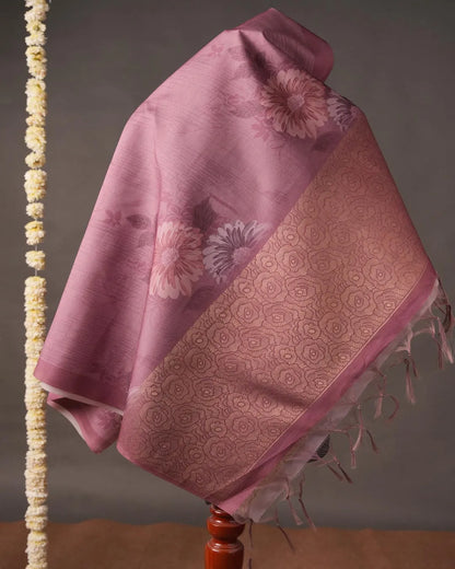 Dustrose Floral Semi Tussar Silk Unstitched Suit Material with Printed Dupatta