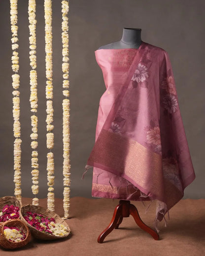 Blue Floral Semi Tussar Silk Unstitched Suit Material with Printed Dupatta