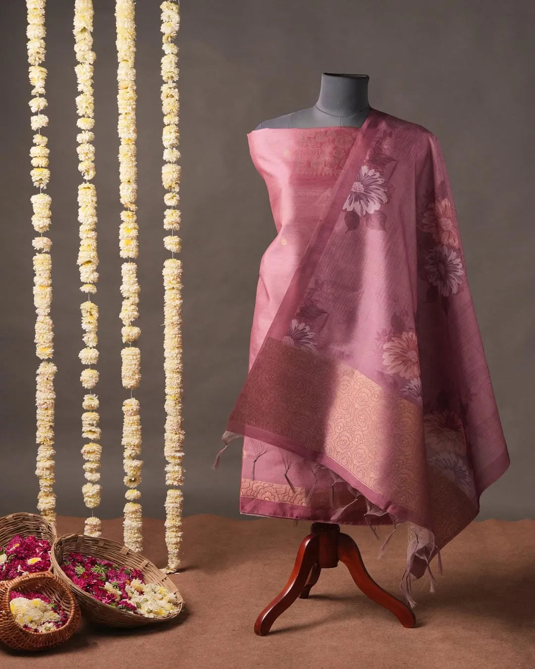 Dustrose Floral Semi Tussar Silk Unstitched Suit Material with Printed Dupatta