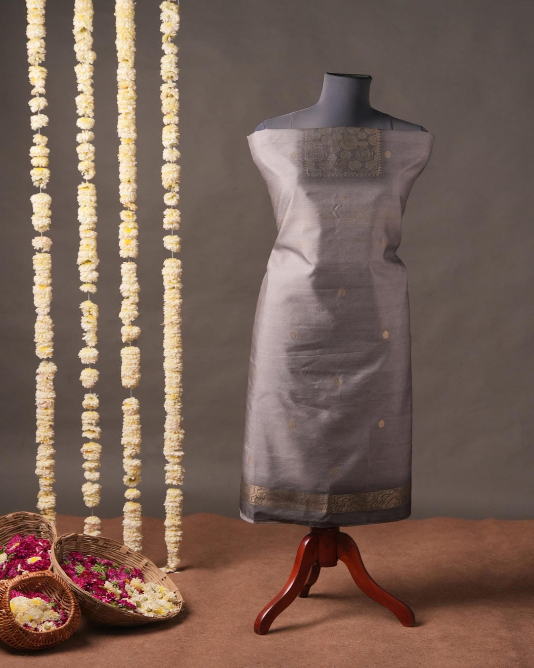 Steel Grey Floral Motif Semi Tussar Silk Unstitched Suit Set