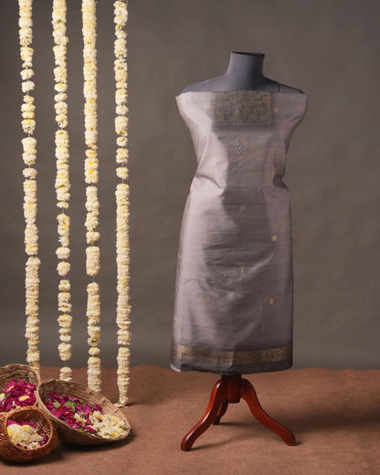 Steel Grey Floral Motif Semi Tussar Silk Unstitched Suit Set