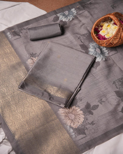 Steel Grey Floral Motif Semi Tussar Silk Unstitched Suit Set