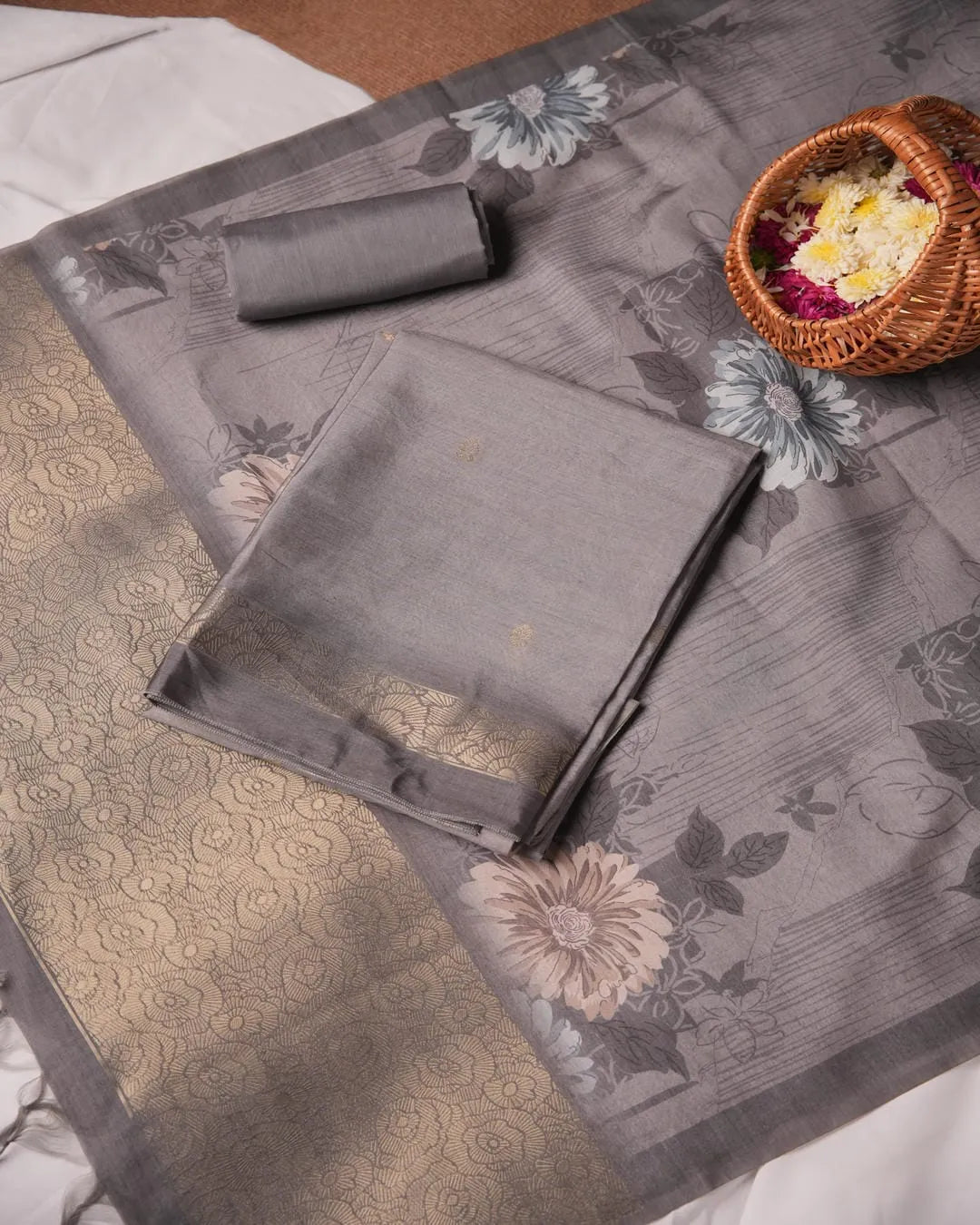 Steelgrey Floral Semi Tussar Silk Unstitched Suit Material with Printed Dupatta