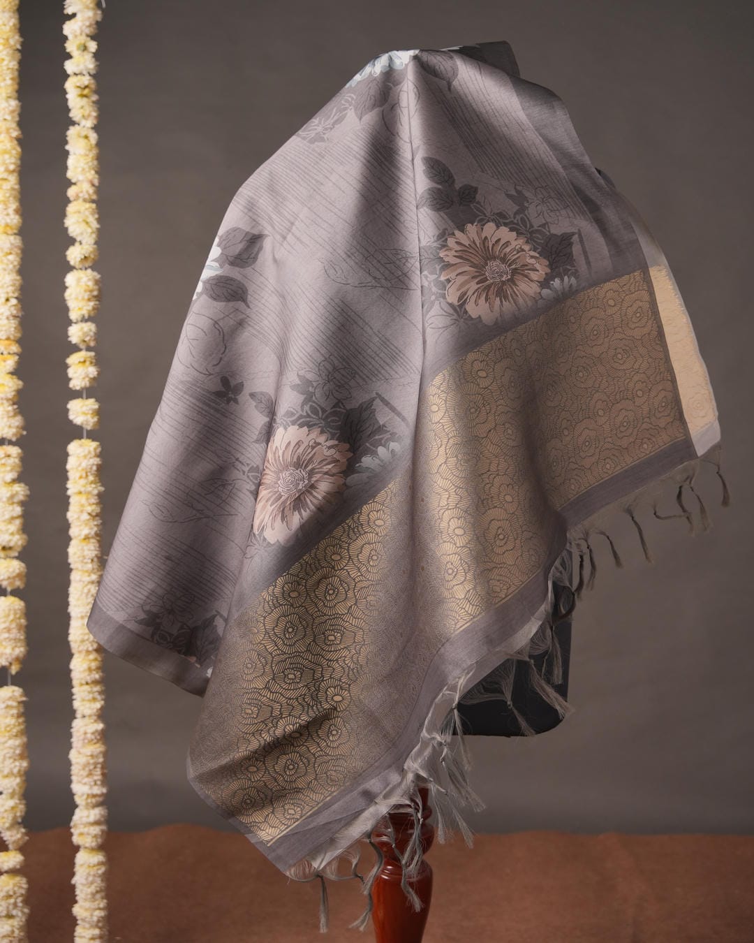 Steel Grey Floral Motif Semi Tussar Silk Unstitched Suit Set