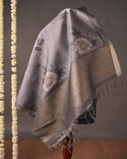 Steel Grey Floral Motif Semi Tussar Silk Unstitched Suit Set