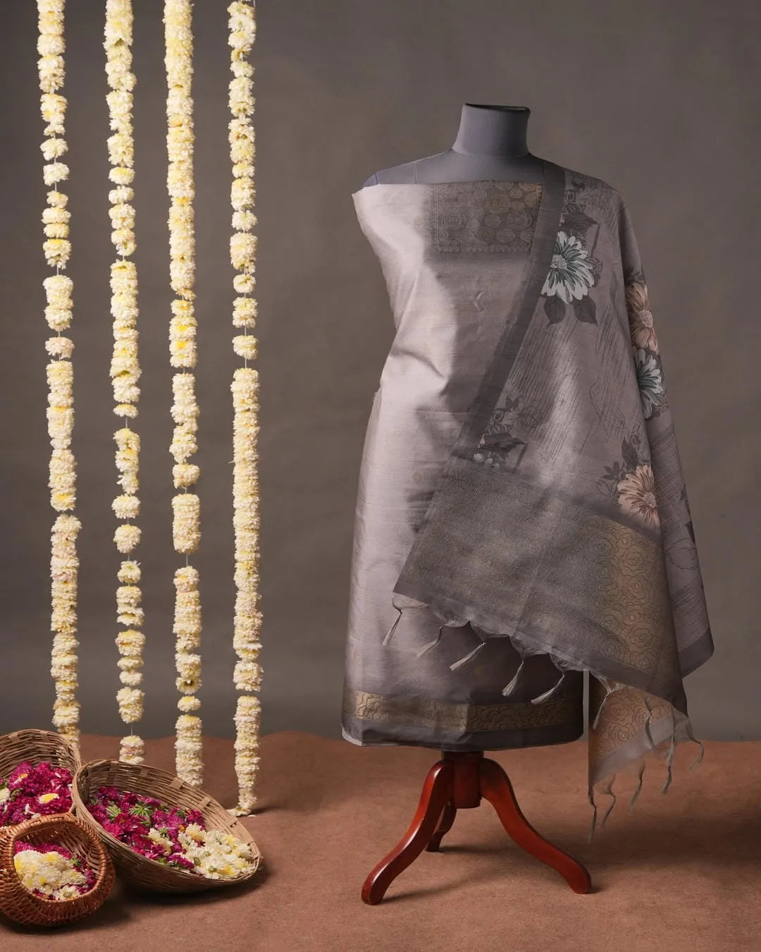 Blue Floral Semi Tussar Silk Unstitched Suit Material with Printed Dupatta