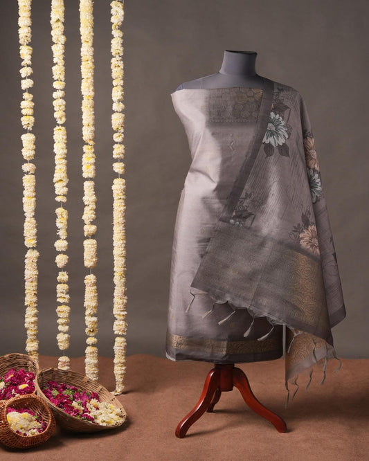Steel Grey Floral Motif Semi Tussar Silk Unstitched Suit Set