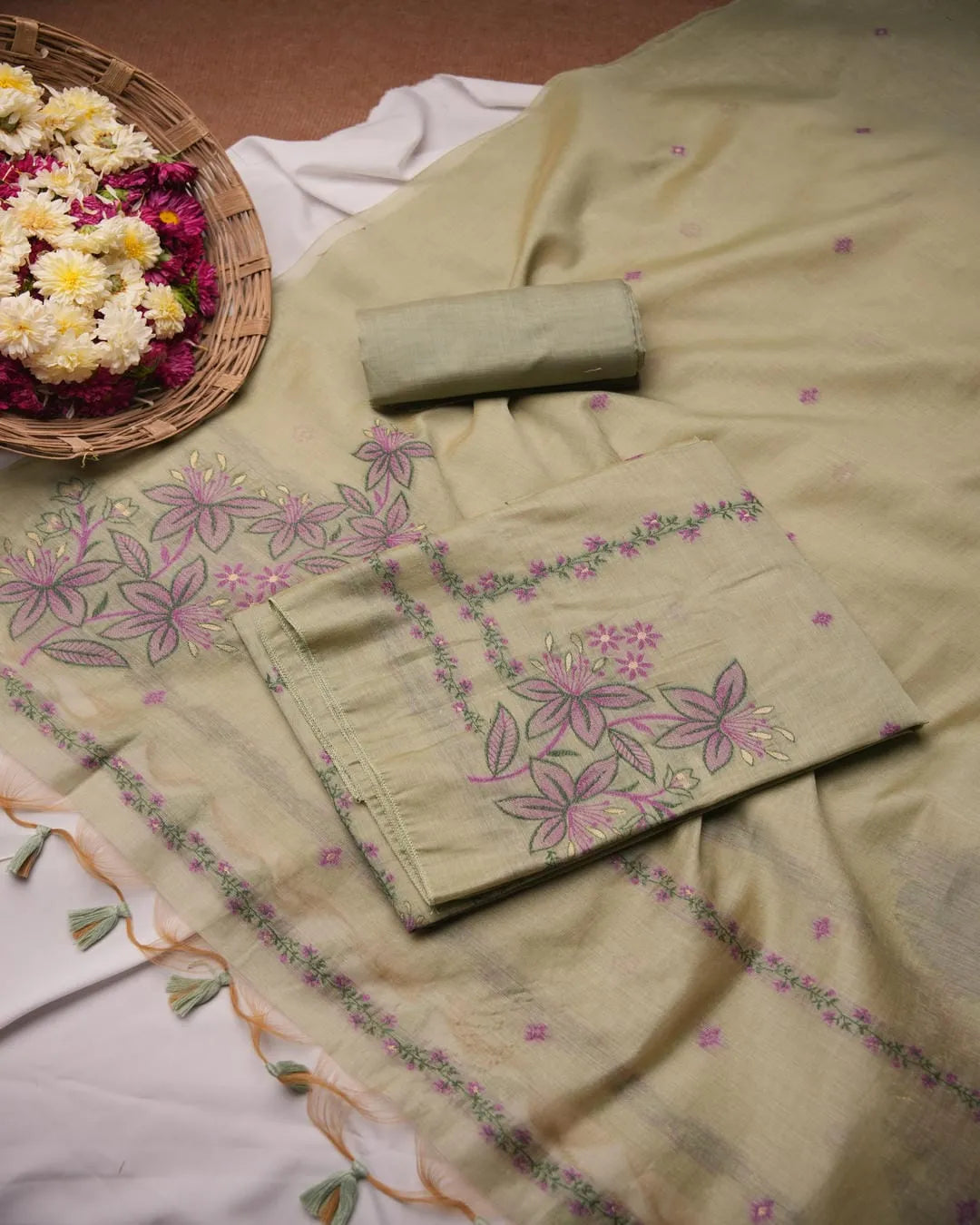Pista Green Muga Cotton Unstitched Suit Material with Floral Embroidery