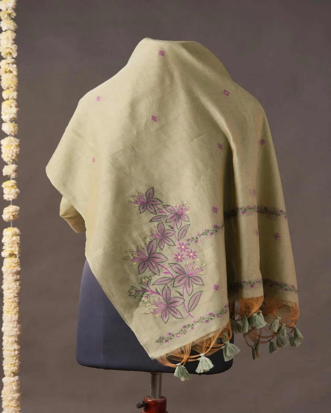 Pista Green Muga Cotton Unstitched Suit Material with Floral Embroidery