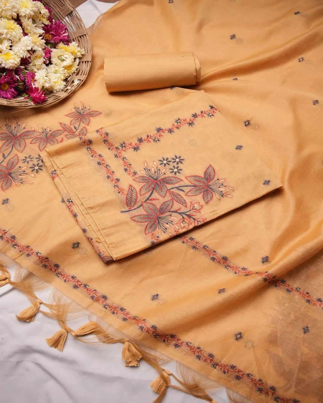 Chikoo Muga Cotton Unstitched Suit Material with Floral Embroidery