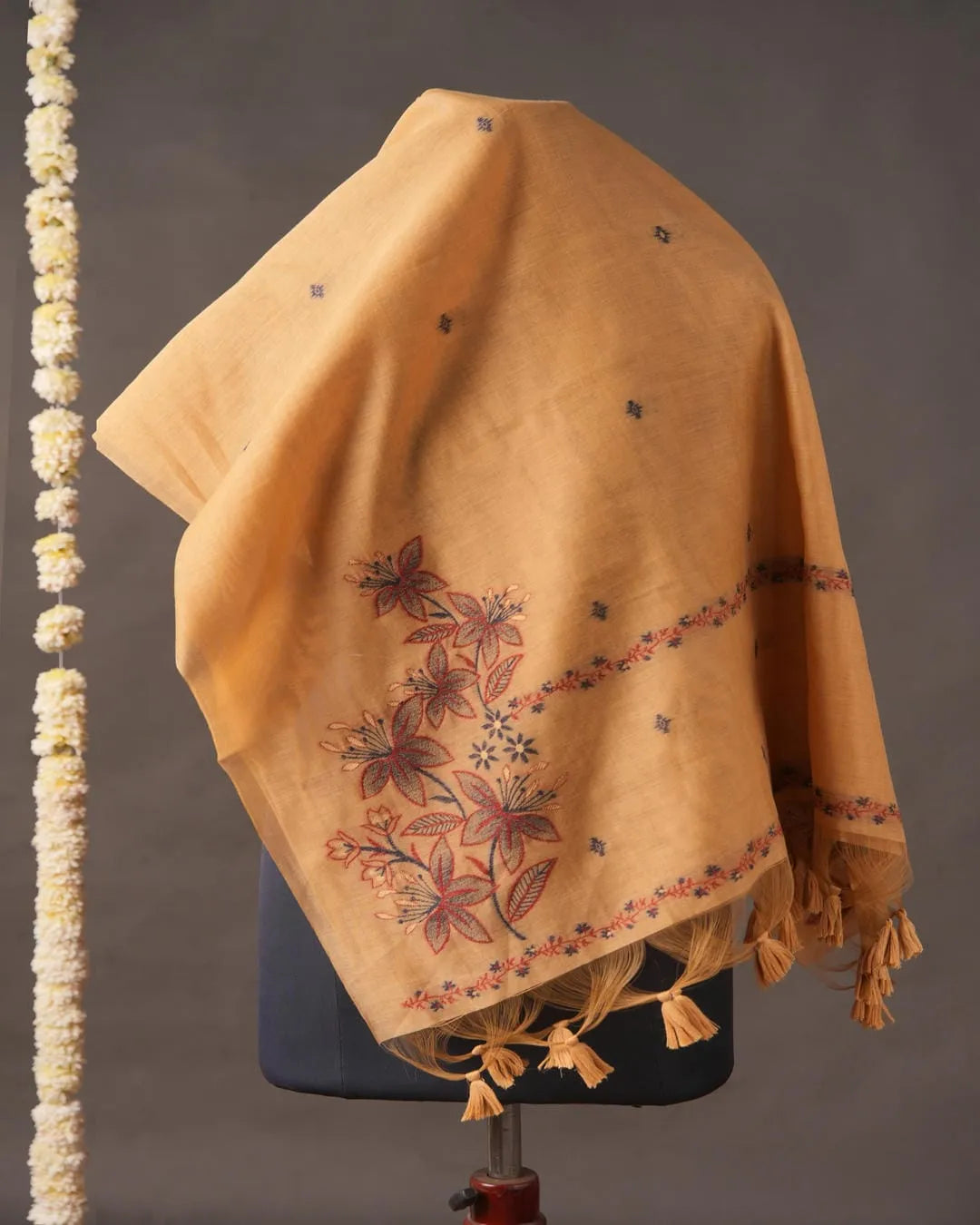 Chikoo Muga Cotton Unstitched Suit Material with Floral Embroidery